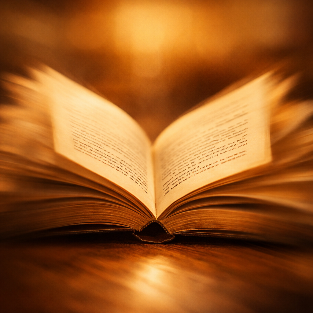 Open vintage book with blurred pages and warm lighting