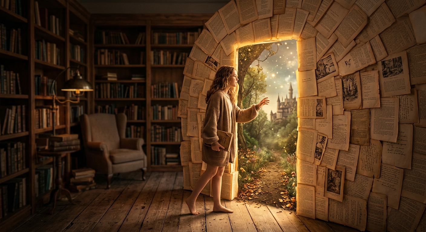 Young woman standing barefoot in a library, touching a glowing doorway made of book pages showing a castle and fantasy landscape